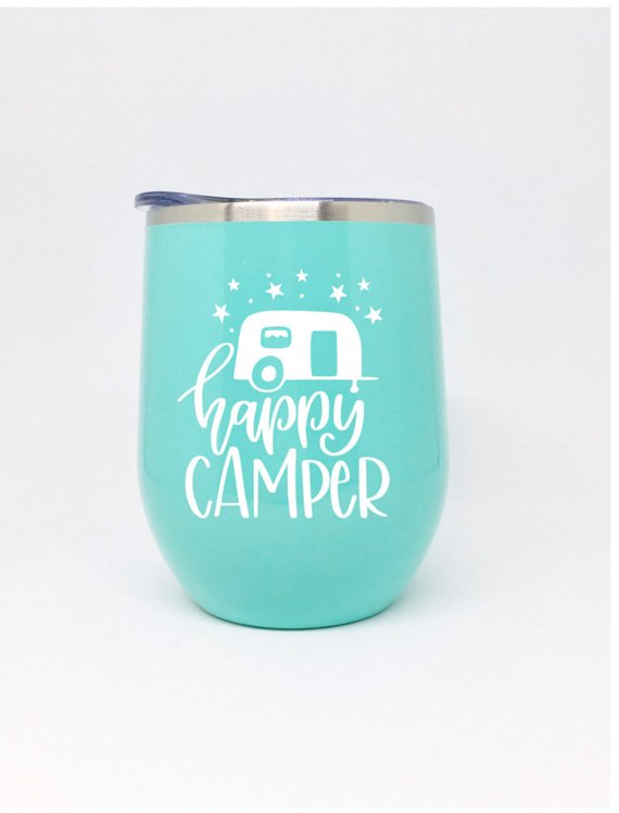 Happy Camper Stemless Wine Glass