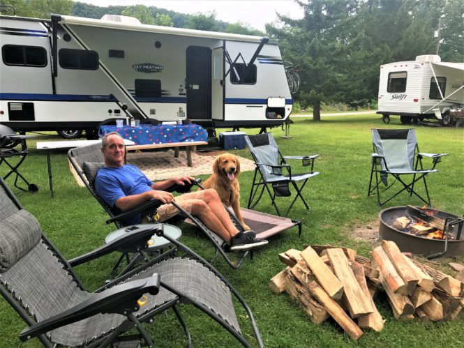 Tom and Buddy our Golden Retriever camping in the Catskills