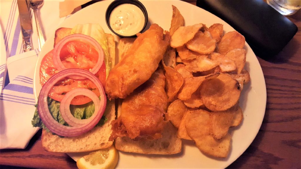 Fish Sandwich and Chips at The Fish Market Restaurant