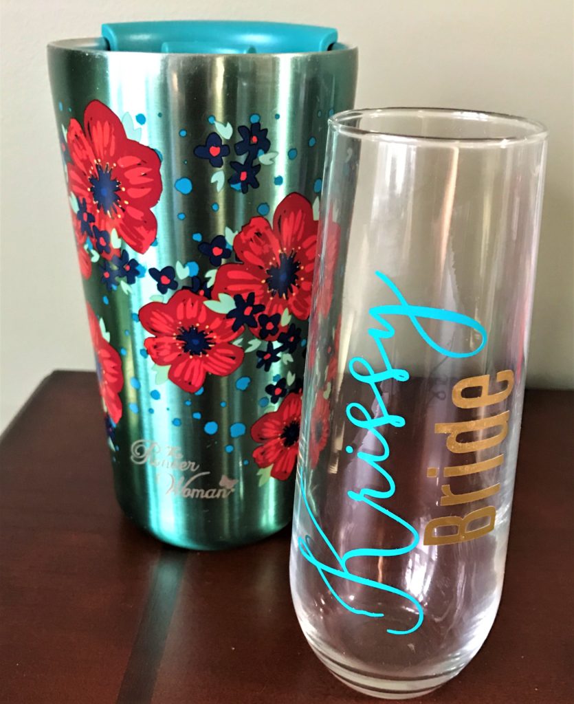 Personalized stemless wine glass and travel mug