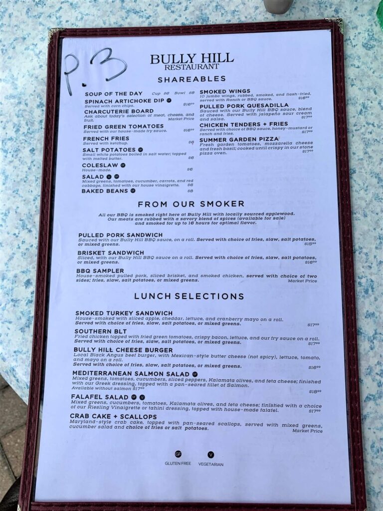 Bully Hill Restaurant Menu