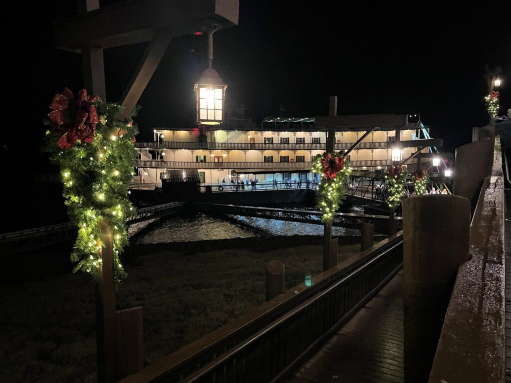 Branson Belle docked at night during Christmas