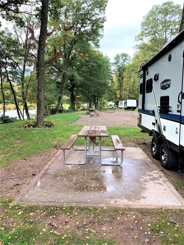 Setting up RV travel trailer in the rain